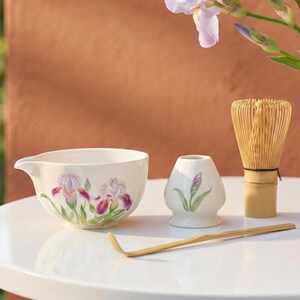 Personalized Purpose Iris Matcha Bowl Set,8th Anniversary Gift for Wife.Hand Painted Spouted Chawan & Whisk Holder,Custom Botanical Tea Set
