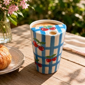 Puede incluir: Una taza de viaje de cerámica con un patrón de cuadros azules y blancos e ilustraciones de cerezas rojas. La taza tiene una tapa semicircular con una pequeña abertura redonda para beber, revelando café en el interior del recipiente.