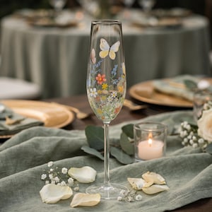 May include: A clear champagne flute decorated with painted flowers and butterflies. The glass features colourful flowers and butterflies in shades of yellow, pink, and blue. The flute is on a wooden table with a green linen runner.