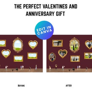 Puede incluir: Imagen que muestra una comparación de antes y después de obras de arte enmarcadas. El texto en la parte superior dice: "EL REGALO PERFECTO PARA SAN VALENTÍN Y ANIVERSARIOS." El lado "antes" presenta arte paisajístico, mientras que el lado "después" muestra fotos de personas. La imagen incluye el texto "EDIT IN CANVA."