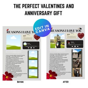 Puede incluir: Un diseño de impresión digital con el texto "THE PERFECT VALENTINES AND ANNIVERSARY GIFT". El diseño incluye dos versiones de un regalo personalizado, con el texto "REASONS I LOVE YOU" y la opción de editar en Canva.