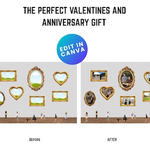 Op de afbeelding: Afbeelding met een verzameling sierlijke gouden fotolijsten in verschillende vormen, waaronder ovaal, hartvormig en rechthoekig. De tekst bovenaan luidt "THE PERFECT VALENTINES AND ANNIVERSARY GIFT". De afbeelding bevat ook de tekst "EDIT IN CANVA".