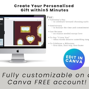 May include: A desktop computer screen displays a design with gold-framed mirrors and a heart-shaped frame on a burgundy background. Text reads "Create Your Personalised Gift within 5 Minutes" and "Edit in Canva". The design is fully customizable.
