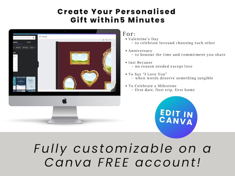 May include: A desktop computer screen displays a design with gold-framed mirrors and a heart-shaped frame on a burgundy background. Text reads "Create Your Personalised Gift within 5 Minutes" and "Edit in Canva". The design is fully customizable.
