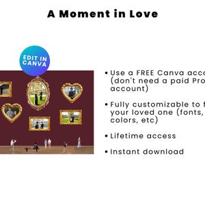 May include: A digital design titled "A Moment in Love" with the text "Edit in Canva." The image features framed photos in various shapes, including oval and heart, with small figures below. Additional text describes customization and instant download.