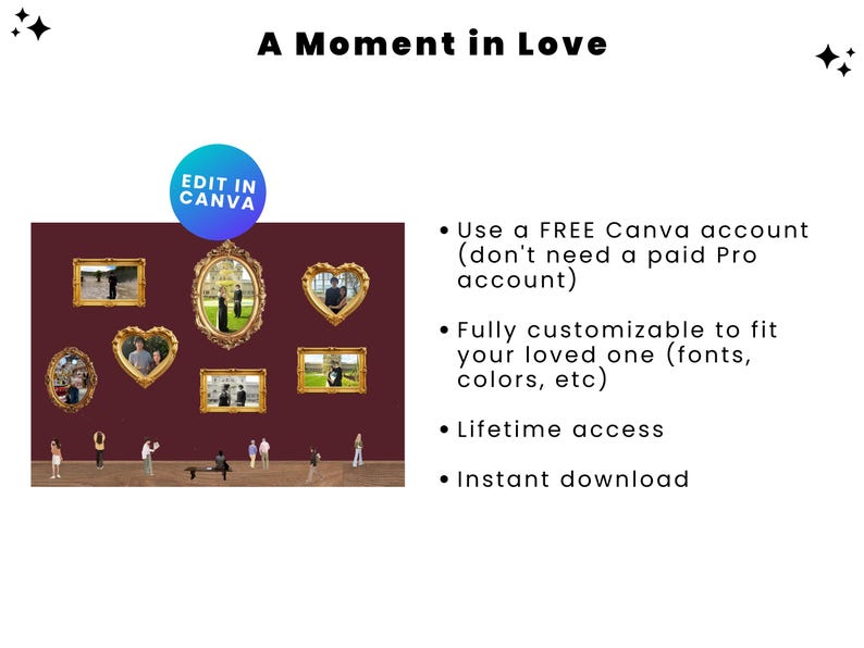 May include: A digital design titled "A Moment in Love" with the text "Edit in Canva." The image features framed photos in various shapes, including oval and heart, with small figures below. Additional text describes customization and instant download.
