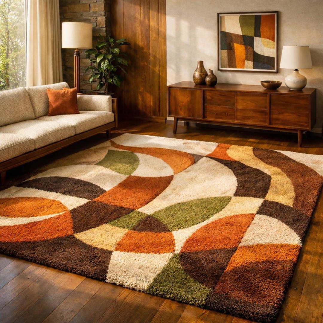 Abstract Mid Century Rug: 70s Style Shag (rust Orange & Olive Green) - Etsy