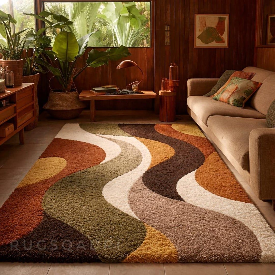 70s Retro Shag Rug - Soft Plush With Earth Tone Waves - Etsy