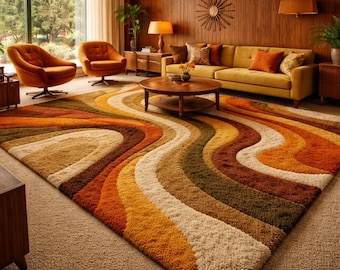 May include: A retro-style living room featuring a large, colorful area rug with a wavy pattern in shades of orange, brown, yellow, and cream. The room includes a mustard-colored sofa, two orange swivel chairs, and wooden furniture.