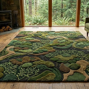 May include: A large, rectangular area rug with a detailed landscape design. The rug features a variety of green, brown, and gray tones, creating a textured, three-dimensional effect. The design resembles a natural landscape with hills and valleys.