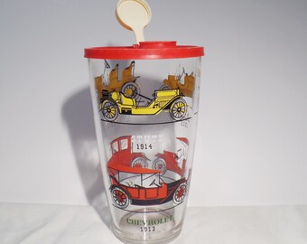 Vintage Hazel Atlas Antique Cars Glass Tumbler Drink Shaker with plastic lid 1950's