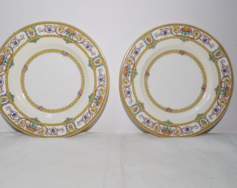 Grasmere by Minton set of 2 salad / luncheon plates 1928 Pink Yellow Blue Flower Mustard trim