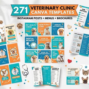 Puede incluir: Una colección de 271 plantillas de Canva para clínicas veterinarias, que incluyen publicaciones de Instagram, menús y folletos. Los diseños presentan imágenes de perros, gatos y gráficos relacionados con la veterinaria.