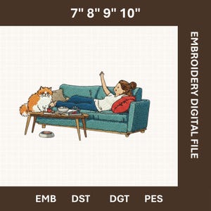 May include: An embroidery digital file featuring a cartoon illustration of a person relaxing on a teal couch with a cat. The person is wearing blue jeans and a white shirt. A small wooden table holds books and a bowl. The text "7" 8" 9" 10" is at the top.