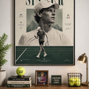 May include: A framed vertical poster featuring a large portrait of tennis player Jannik Sinner wearing a cap, layered over a smaller image of the athlete on a green tennis court. The poster includes text, mountain graphics, and the signature JS logo.