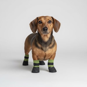 Op de afbeelding: Een bruin-zwarte teckel draagt zwart-groen gestreepte hondenlaarzen. De hond staat en kijkt recht in de camera tegen een witte achtergrond. De laarzen bedekken de poten en een deel van de poten van de hond.