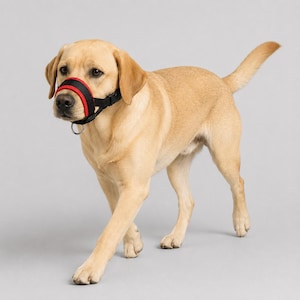 Könnte beinhalten: Ein gelber Labrador Retriever trägt einen schwarzen und roten Hunde-Maulkorb aus Nylon. Der Maulkorb verfügt über eine gepolsterte Nasenschlaufe mit rotem Rand, verstellbare schwarze Seitenriemen und einen Metall-D-Ring unter dem Kinn.