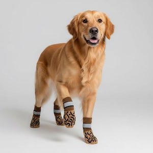 Op de afbeelding: Een golden retriever draagt bruine en beige hondenlaarzen met een zwart patroon en reflecterende strips. De hond staat op een witte achtergrond en kijkt in de camera.