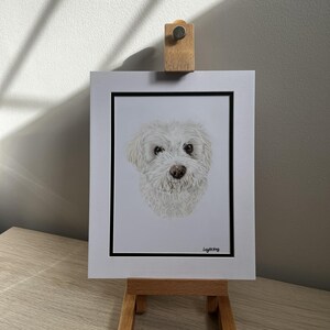 May include: A portrait drawing of a white dog with fluffy fur, dark eyes, and a brown nose, centered on a white rectangular paper with a black border, mounted in a white mat board and displayed on a small wooden easel stand.