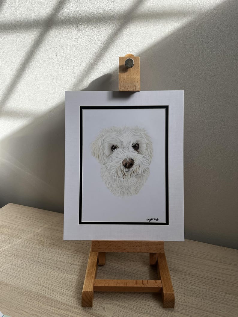 May include: A portrait drawing of a white dog with fluffy fur, dark eyes, and a brown nose, centered on a white rectangular paper with a black border, mounted in a white mat board and displayed on a small wooden easel stand.
