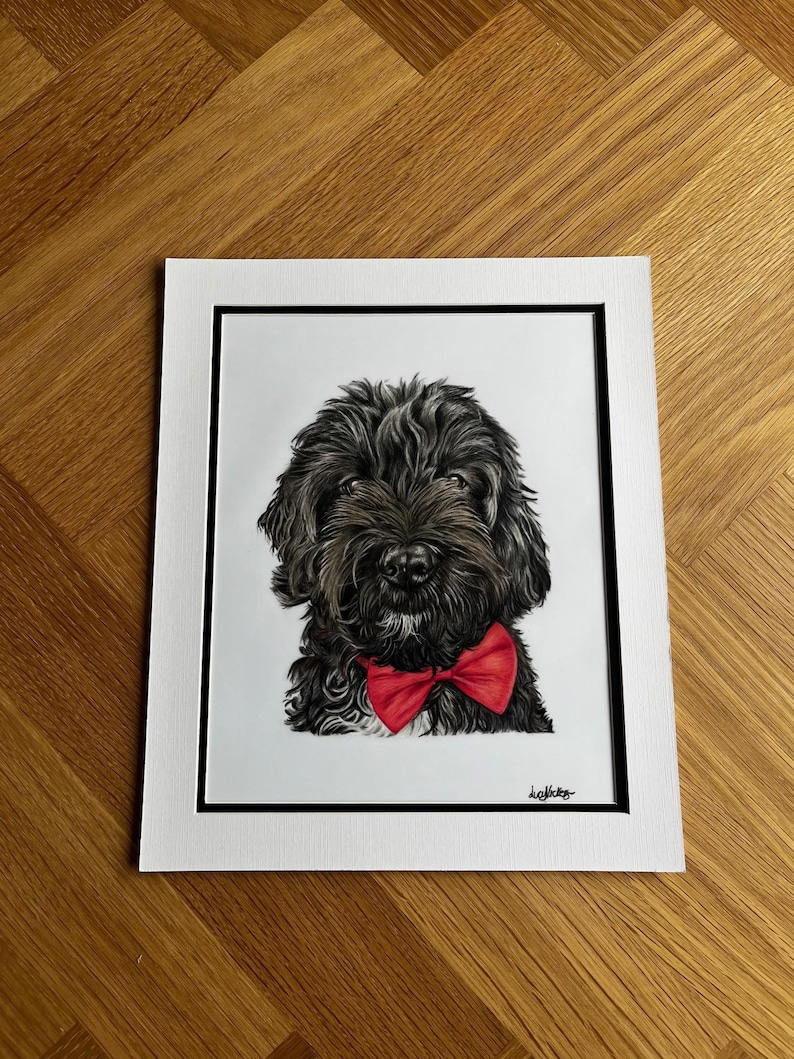 May include: A portrait drawing of a black, shaggy-haired dog wearing a bright red bow tie. The artwork is centered on a white background, framed by a black border and a white matting, with a signature visible in the bottom right corner.