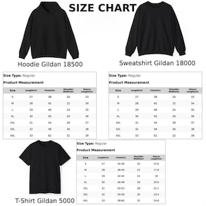 May include: Size chart for Gildan hoodies, sweatshirts, and t-shirts. The chart displays product measurements for various sizes, including length, chest width, shoulder width, and sleeve length in inches. The chart includes sizes S, M, L, XL, 2XL, 3XL, and 4XL.
