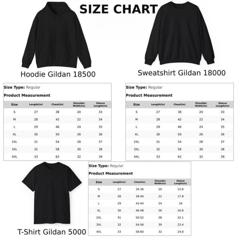 May include: Size chart for Gildan hoodies, sweatshirts, and t-shirts. The chart displays product measurements for various sizes, including length, chest width, shoulder width, and sleeve length in inches. The chart includes sizes S, M, L, XL, 2XL, 3XL, and 4XL.