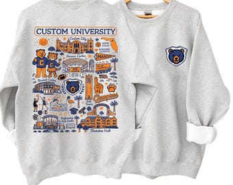 Custom University Hand Sketched Sweatshirt, College Merch Shirt, College Sweatshirt Custom, School Spirit Shirt, Back To School Shirt