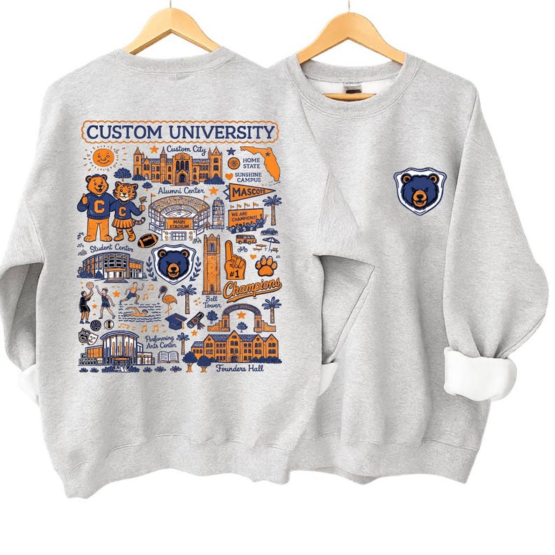 Custom University Hand Sketched Sweatshirt, College Merch Shirt, College Sweatshirt Custom, School Spirit Shirt, Back To School Shirt image 1