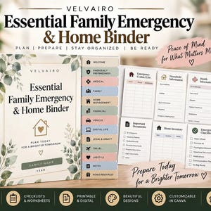 Puede incluir: Una carpeta blanca titulada Essential Family Emergency & Home Binder con ilustraciones de hojas verdes. Incluye pestañas etiquetadas para secciones médicas, financieras y de viajes, además de páginas de listas de verificación para contactos de emergencia.