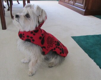 X-Small Red with Black Paw Print Fleece Dog Coat