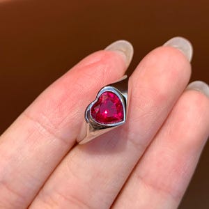 Sterling Silver 925 Heart Ruby Ring, 1.2ct Cultured Ruby Ring, Red Gemstone Heart Ring, Promise Ring, Romantic Gift for Her