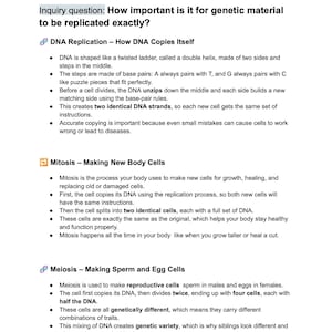 May include: A biology study guide page with the title "Biology: 2". The page includes information on DNA replication, mitosis, and meiosis, with bullet points explaining each process. The text is black on a white background.