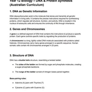 Biologianteckningar för årskurs 12 – DNA- och proteinsyntes – 4 sidor – Förberedda för prov med diagram