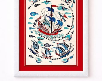 Handmade iznik Ceramic Tile Art Ship Design