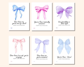 Bow Valentine Cards, Watercolor Design, Classroom Valentines (Digital Download, Canva Edit)