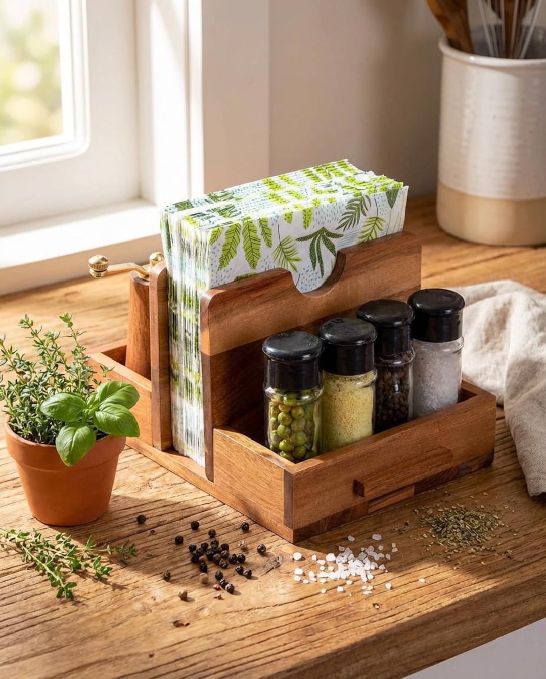 Multi-Functional Acacia Wood Table Organizer: Vertical Napkin Holder with Spice Caddy