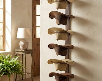 Western Cowboy Hat Rack, Solid Wood & Steel, 6-Hook Farmhouse Decor