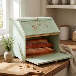 May include: A mint green wooden bread box with the word "BREAD" in brown lettering. The box is open, revealing two loaves of bread. A small vase with greenery and a wooden cutting board are in the foreground.