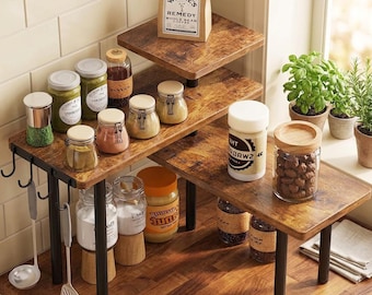 Rustic Brown 3-Tier Rotating Spice Rack, Adjustable Corner Shelf, Kitchen Organizer