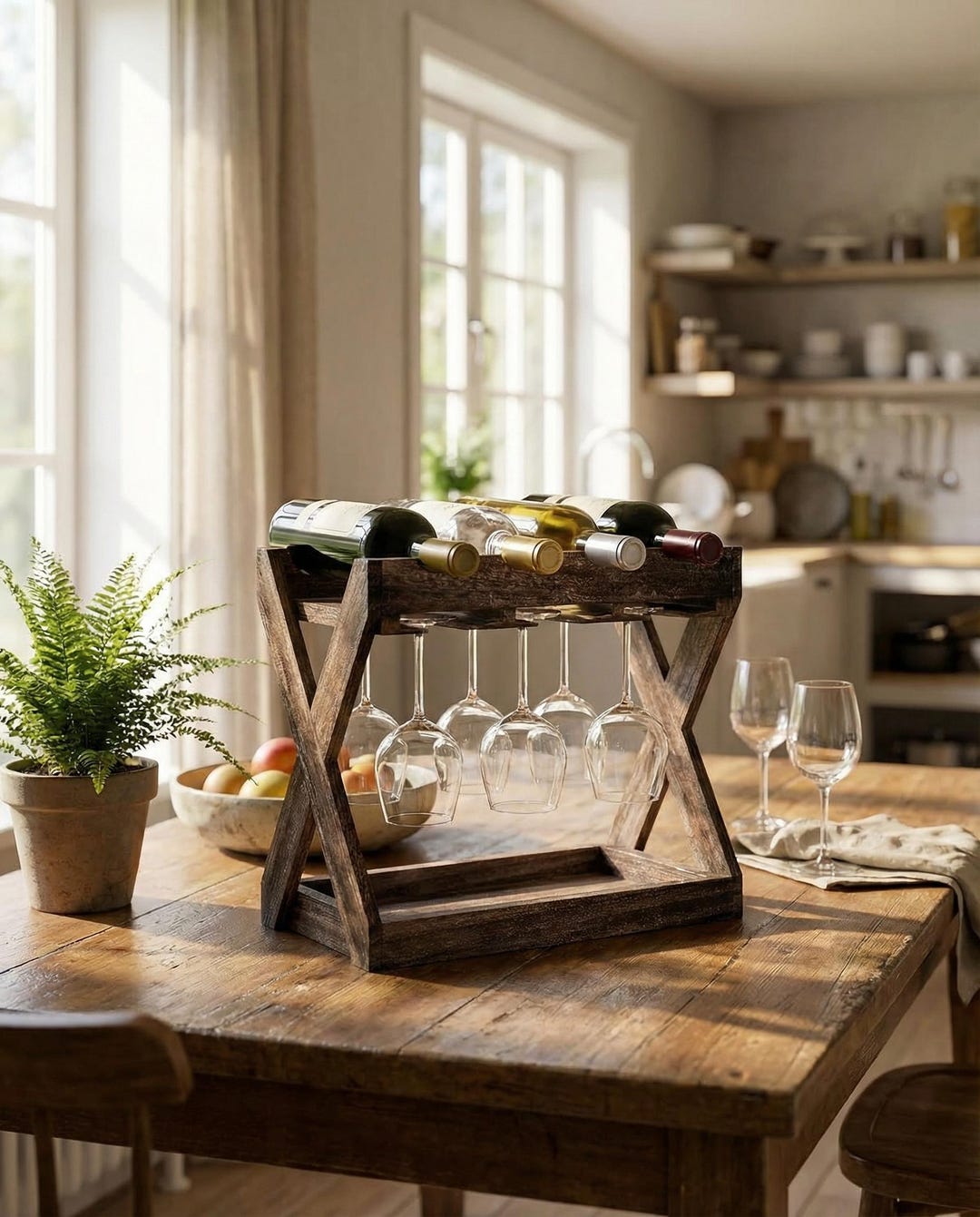 Rustic Wood Wine Rack – Countertop Bar, Stemware & Cork Holder - Etsy