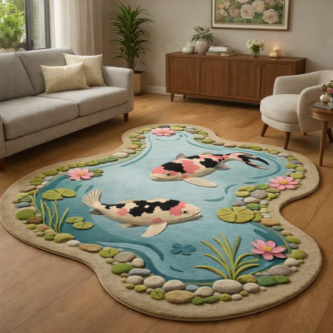 Pond Colors Rug Hand Tufted Wool Koi Fish Pond Rug – Nature Inspired Area Carpet - Etsy