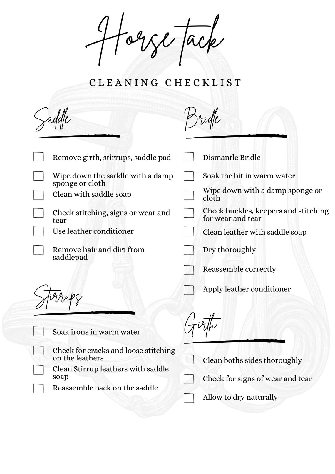 Horse Tack Cleaning Checklist | Digital Download | Equestrian Planner ...