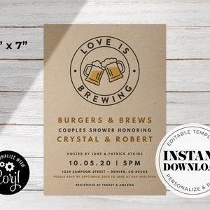 Love is Brewing Unique Wedding Shower Invitation 5x7 - Couples Shower / Rehearsal Dinner / Engagement Party Invite - Beer and Burgers Party