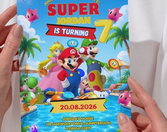 スーパーマリオの誕生日招待状、ビデオゲームパーティー招待状、子供向け誕生日印刷用招待状、男の子の誕生日招待状