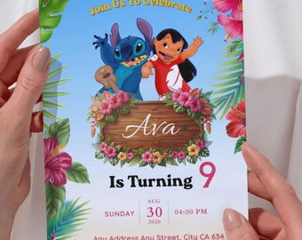 Invitación de cumpleaños tropical hawaiana, invitación para fiesta de cumpleaños de alienígena azul, fiesta de cumpleaños infantil Luau, plantilla editable de Canva, invitación imprimible