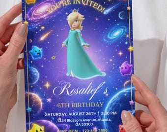 ギャラクシープリンセス誕生日招待状、宇宙誕生日パーティー招待状、魔法少女誕生日招待状、編集可能なCanvaテンプレート