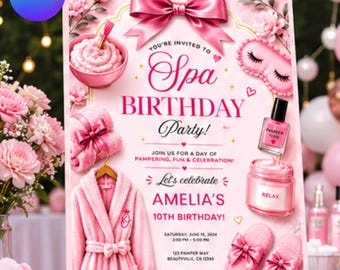 編集可能なスパ誕生日招待状テンプレート、ピンクのスパパーティー招待状、女の子の誕生日招待状、Canvaテンプレート、即時ダウンロード