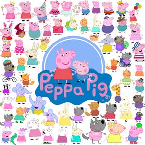 Może przedstawiać: Kolekcja postaci ze świata Świnki Peppy otaczających centralne niebieskie logo z napisem Peppa Pig. Obraz przedstawia różne antropomorficzne zwierzęta, w tym świnie, króliki, psy, koty i słonie w kolorowych ubraniach, ukazane w płaskim stylu kreskówkowym.