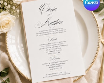 エレガントでミニマルな結婚式招待状テンプレート、編集可能なCanva結婚式招待状、モダンな結婚式招待状カード、即時ダウンロード、